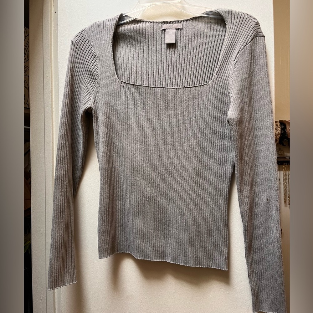 H&M Grey Ribbed Square Neck Long Sleeve Shirt, Small, worn once, balletcore